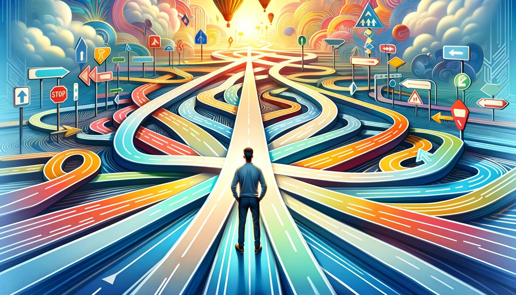 DALL·E 2023-12-02 16.01.45 - A conceptual image of a man standing at a crossroads, surrounded by multiple paths leading in different directions, each path representing a different