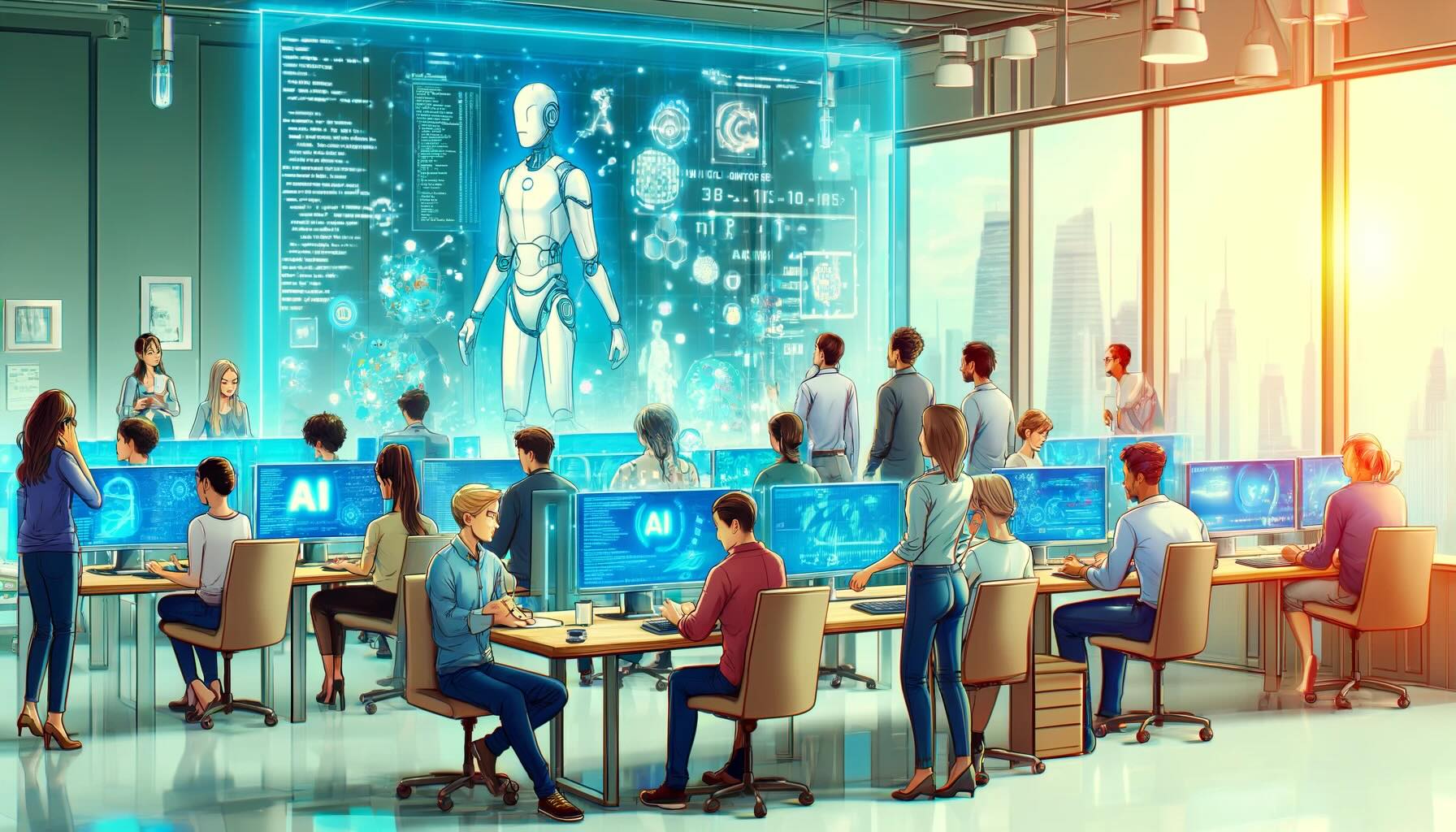 DALL·E 2024-04-27 23.42.44 - A modern office environment depicted in an anime style, featuring a diverse group of IT professionals interacting with futuristic AI technology. The s